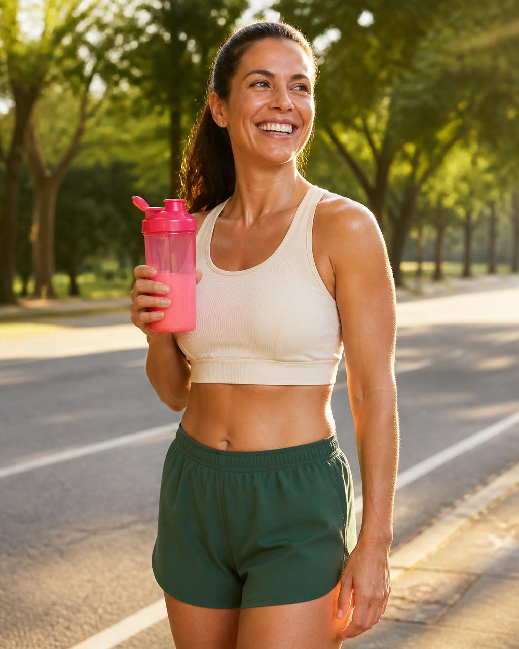 Mulher com shaker rosa depois de correr